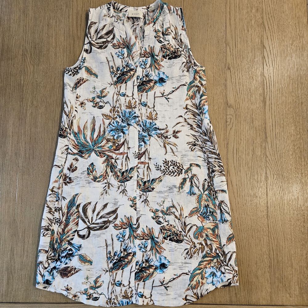 Elie Tahari Ivory Boho Floral Pattern Sleeveless 100% Linen Dress Woman Size S